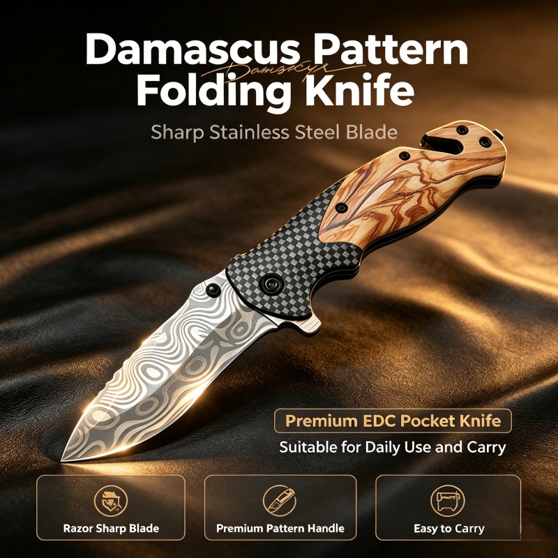 Edc Carry Pocket Knife - ダマスカス模様折りたたみナイフ、鋭利なステンレス鋼の刃、プレミアムEDCポケットナイフ、日常使用や持ち運びに最適